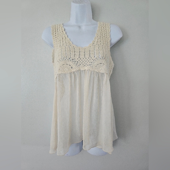 Adiva Tops - Adiva Top Ivory Tank Crochet Babydoll Flowy Sheer SMALL